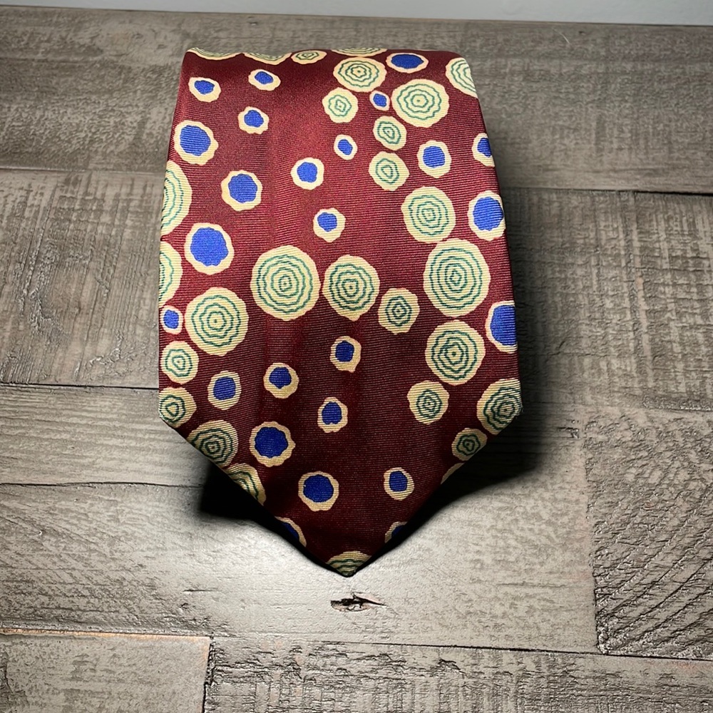 Paul Stuart dark rust tie with blue and yellow circles